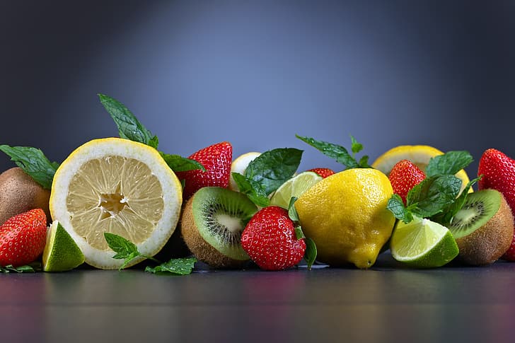 еда, фрукты, лимоны, клубника, ягоды, HD обои