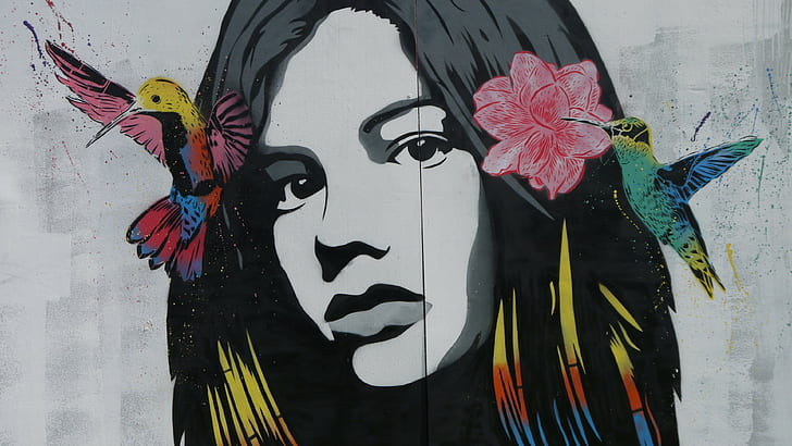 Frauen, Gesicht, Blumen, Vögel, Kunstwerk, Blume im Haar, HD-Hintergrundbild