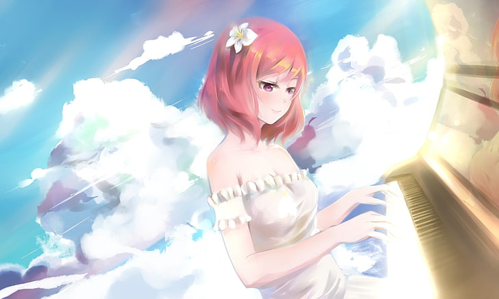 Love Live!, Nishikino Maki, sky, white dress, clouds, flower in hair, piano, anime girls, anime, HD wallpaper