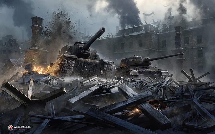 the city, fire, destruction, tanks, Stalingrad, HD wallpaper