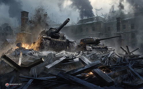 градът, пожар, унищожение, танкове, Сталинград, HD тапет HD wallpaper