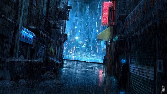 освещенные обои бетонное здание, дождь, ночь, городской пейзаж, город, Китай, улица, футуристический город, произведения искусства, водяные знаки, голубой, огни города, дорожка, HD обои HD wallpaper