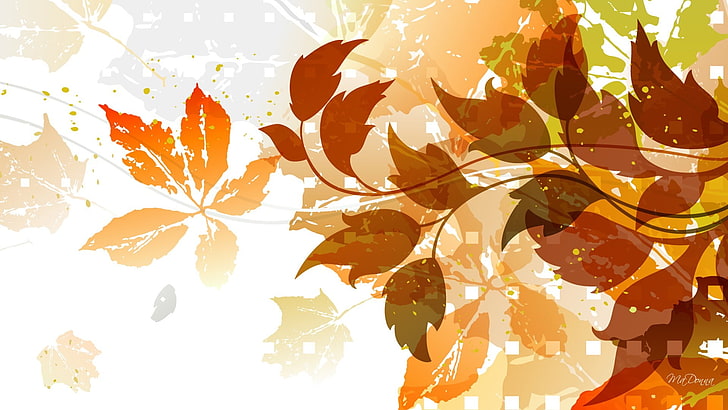 кафяви листа илюстрация, есен, листа, произведения на изкуството, растения, HD тапет