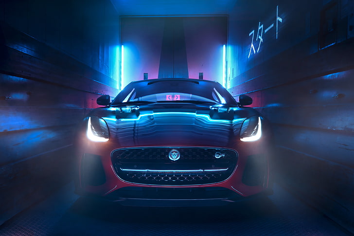 Jaguar F-Type, Jaguar, auto, macchine rosse, luci al neon, auto di lusso, Sfondo HD