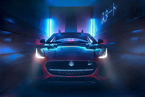 Jaguar F-Tipi, Jaguar, araba, kırmızı araba, neon ışıkları, lüks arabalar, HD masaüstü duvar kağıdı HD wallpaper