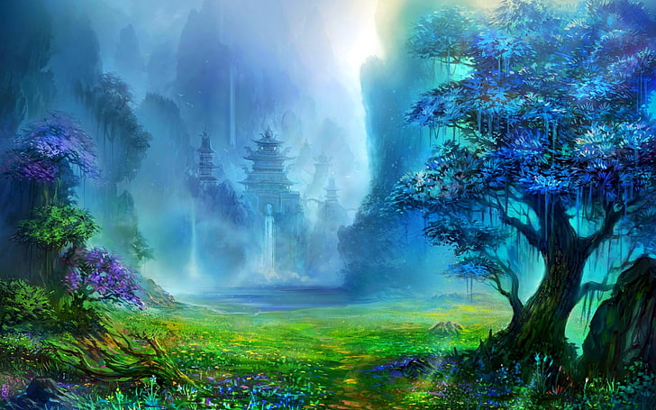 artwork, Asian Architecture, digital art, fantasy Art, landscape, mountain, nature, Pagoda, Trees, water, waterfall, HD wallpaper