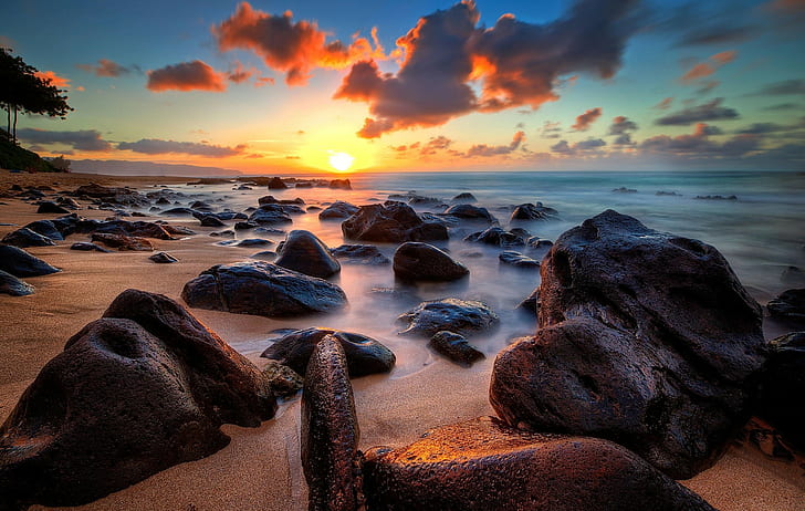 Stones, ocean sunrise, brown stones and ocean, stones, Ocean, sunrise, landscape, sky, horizon, HD wallpaper