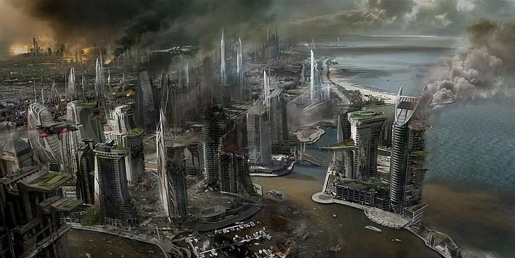 buildings illustration, sea, the city, fire, smoke, view, ship, building, skyscrapers, destruction, Killzone, Concept Art, Mercenary, HD wallpaper