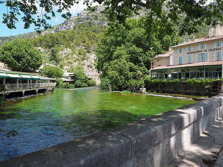 clear, clear water, community, department of vaucluse, fontaine de vaucluse, french community, provence alpes cte dazur, river, source, stream, vaucluse, village, water, HD wallpaper