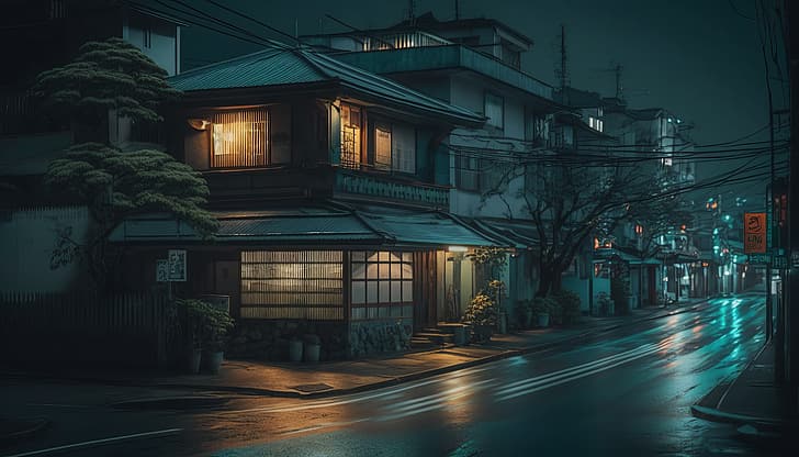 ศิลปะ AI ภาพประกอบ ญี่ปุ่น ถนน บ้าน, วอลล์เปเปอร์ HD