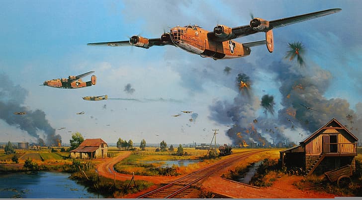 wojna, sztuka, malarstwo, II wojna światowa, Consolidated B-24 Liberator, lotnictwo, Tapety HD