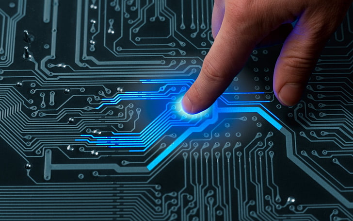 black and blue circuit board, technology, fingers, digital art, lights, audio-technica, one touch, Hi-Tech, electricity, HD wallpaper