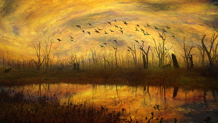 autumn, the sky, grass, water, clouds, light, trees, flight, landscape, sunset, birds, orange, branches, yellow, nature, lake, pond, reflection, rendering, mood, trunks, shore, figure, graphics, swamp, pack, picture, art, stumps, a lot, naked, fly, computer graphics, a flock of birds, warm colors, photoart, sunset sky, digital art, migratory, flying, imitation painting, comp-art, HD wallpaper