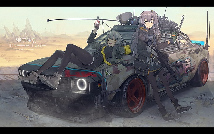 male and female animation characters, digital art, artwork, landscape, cityscape, anime girls, futuristic, science fiction, rifles, desert, war, vehicle, apocalyptic, Girls Frontline, HD wallpaper