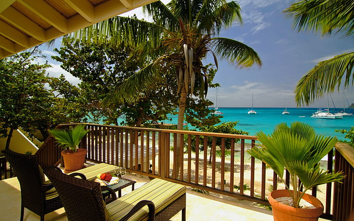 balcony, beach, boats, horizon, ocean, relax, rest, sea, terrace, trees, view, HD wallpaper