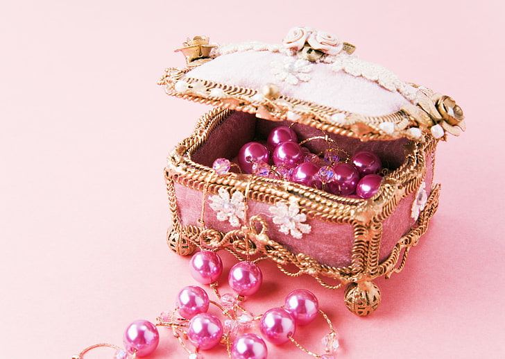 square pink and gold trinket, decoration, pink, box, beads, thread, chest, HD wallpaper