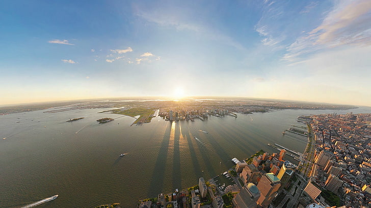 gedung tinggi abu-abu, kota, perkotaan, lanskap kota, Kota New York, sungai, sinar matahari, pantai, Wallpaper HD