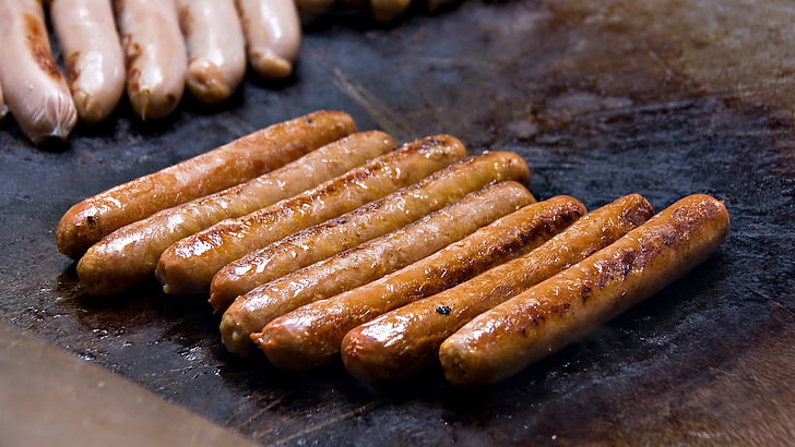 brown sausages, sausages, fried, grill, appetizing, HD wallpaper