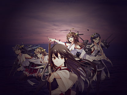 Akagi (KanColle), anime girls, Kantai Collection, Kongou (KanColle), Haruna (KanColle), Hiei (KanColle), Kirishima (KanColle), miko, HD wallpaper HD wallpaper