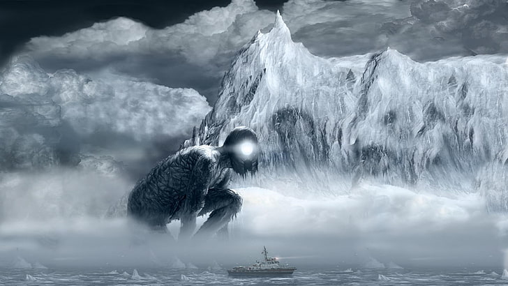 monster wallpaper, digital art, mountains, clouds, ship, creature, fantasy art, HD wallpaper