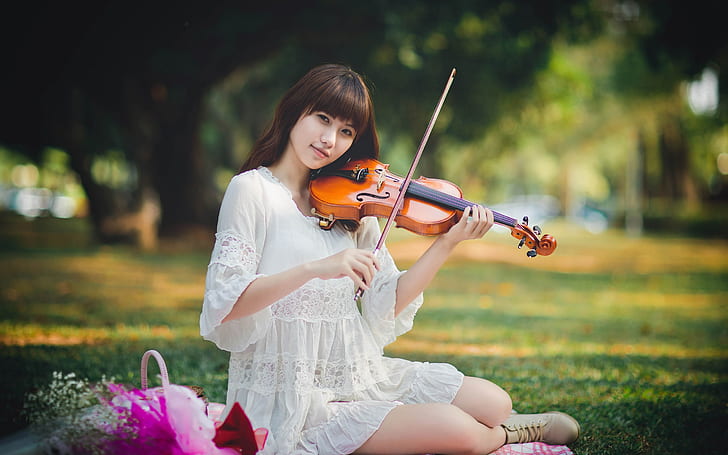 Menina asiática, vestido branco, violino, menina asiática, vestido branco, violino, HD papel de parede