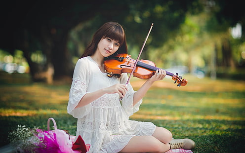 Asiatisk tjej, vit klänning, fiol, asiat, tjej, vit, klänning, fiol, HD tapet HD wallpaper