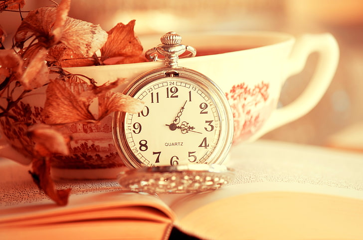 round silver-colored pocket watch, leaves, time, watch, Cup, book, dial, clock, HD wallpaper