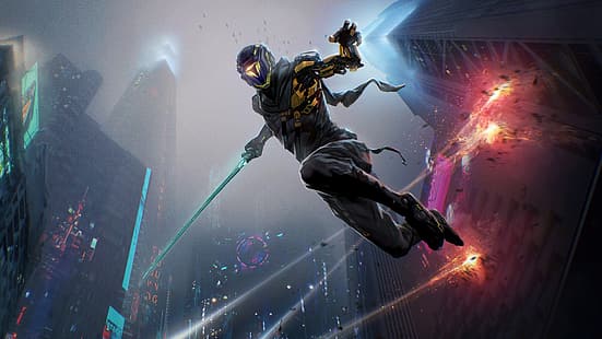 Ghostrunner, gry wideo, cyberpunk, science fiction, katana, broń, futurystyczny, cyborg, Ninja, postacie z gier wideo, neon, światła neonowe, grafika, sztuka cyfrowa, 2D, grafika koncepcyjna, wieża, skoki, Tapety HD HD wallpaper