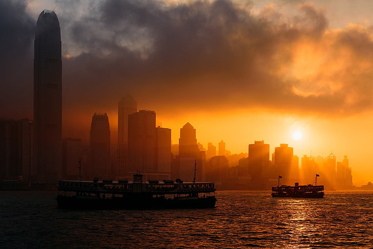 Гонконг, городской пейзаж, закат, многоярусный, бухта, Азия, Китай, квартиры, небоскребы, лодка, пейзаж, HD обои