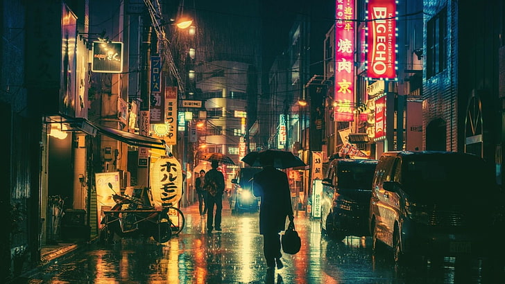 Китай, нощ, дъжд, улица, град, HD тапет
