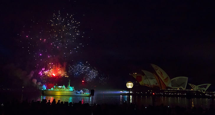 Sydney Opera House notte nave da guerra Sydney Australia fuochi d'artificio, Sfondo HD