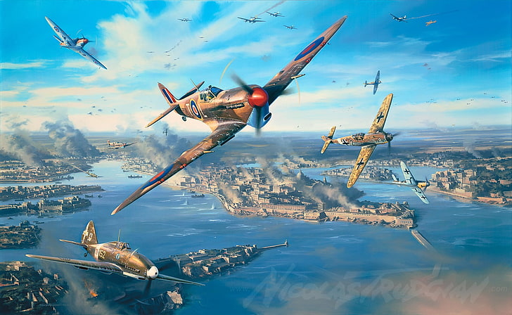 pesawat abu-abu terbang dekat kota pada ilustrasi siang hari, Supermarine Spitfire, pesawat militer, Malta, pertempuran udara, Messerschmitt Bf 109, Perang Dunia II, Angkatan Udara Kerajaan, Luftwaffe, Wallpaper HD