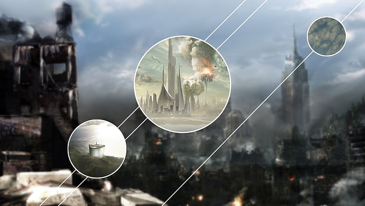 illustration de la tour grise, polyscape, art fantastique, ville, explosion, Fond d'écran HD