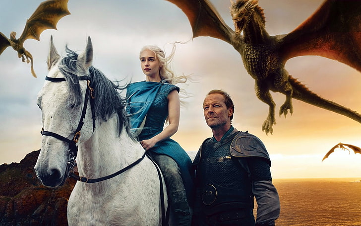 Emilia Clarke, émission de télévision, Game Of Thrones, Daenerys Targaryen, dragon, Emilia Clarke, cheval, Iain Glen, Jorah Mormont, Fond d'écran HD