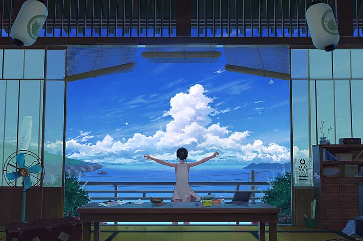 musim panas, awan, LoFi, seni digital, karya seni, Asia, Jepang, Pikachu, Wallpaper HD
