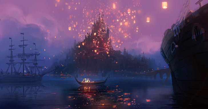 noche, puente, luces, río, castillo, barco, figura, dibujos animados, barcos, arte, Rapunzel, Enredados, Flynn, Walt Disney, Rapunzel: un cuento enredado, Fondo de pantalla HD