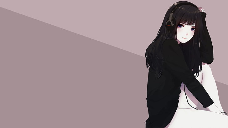 black-haired woman wearing headphones wallpaper, anime, artwork, digital art, women, brunette, thighs, looking at viewer, headphones, anime girls, simple background, HD wallpaper