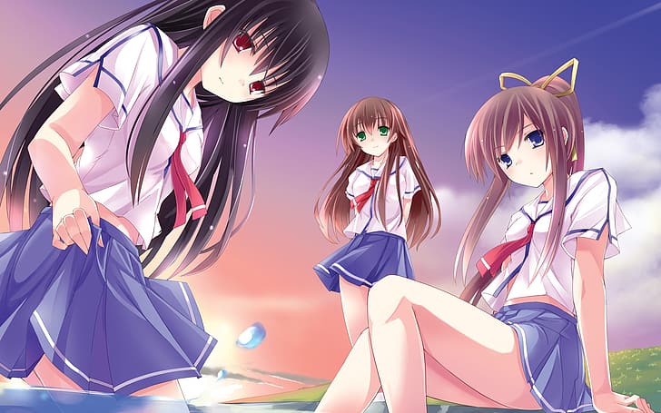 Natsu no Ame, filles d'anime, uniforme scolaire, uniforme de marin, Hinako Itou, Miyazawa Midori, Rikako Segawa, Fond d'écran HD