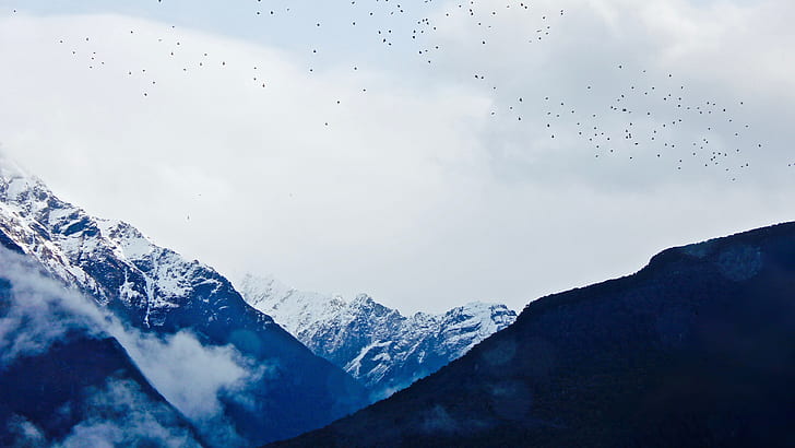 Dağlar, kar, bulutlar, uçan kuşlar, Dağlar, Kar, Bulutlar, Kuşlar, Uçan, HD masaüstü duvar kağıdı