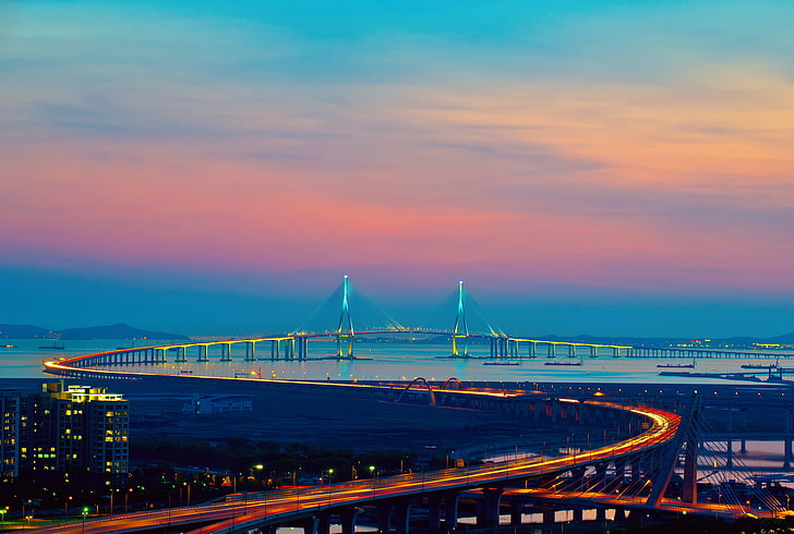 Incheon Bridge City Korea, gray concrete bridge, World, China, bridge, south korea, HD wallpaper