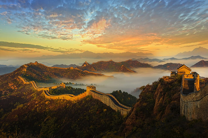 Великата китайска стена, Китай, планини, изгрев, архитектура, стена, Великата китайска стена, история, HD тапет