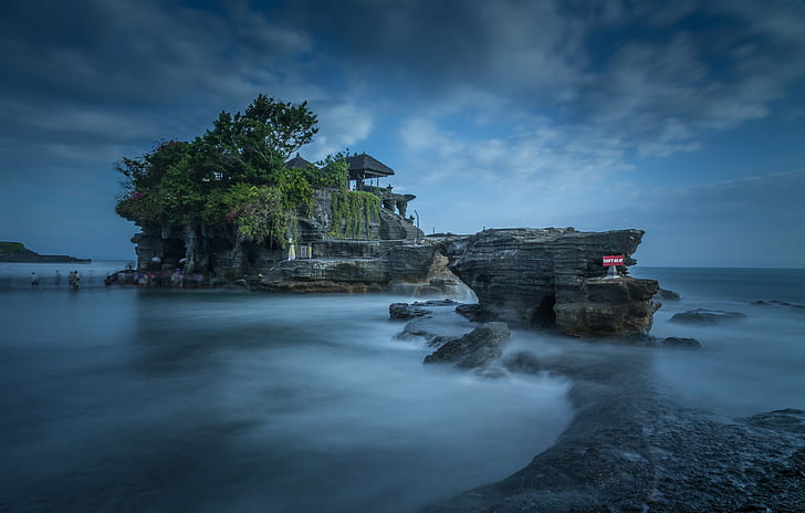 photography, landscape, nature, long exposure, trees, temple, water, sea, Bali, rocks, HD wallpaper