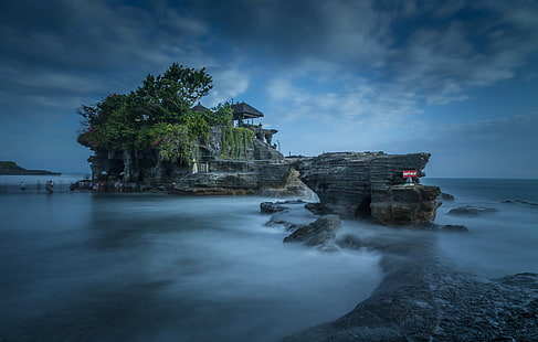 photography, landscape, nature, long exposure, trees, temple, water, sea, Bali, rocks, HD wallpaper HD wallpaper