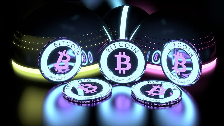ungu, cahaya, kuning, refleksi, abu-abu, pink, biru, hitam, titik, neon, koin, uang, cryptocurrency, Koin, warna neon, crypto, Bitcoin, Crypto-currency, crypto-money, Wallpaper HD