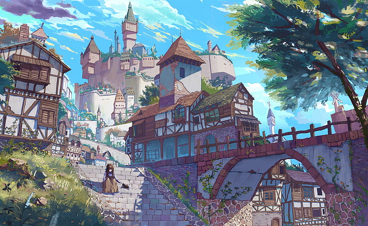 brown bridge illustration, village, castle, HD wallpaper