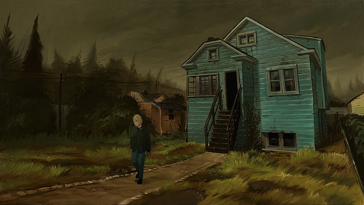 мъж, който се отдалечава, рисуване на къща, филми, Кърт Кобейн: Монтаж на Хек, дигитално изкуство, произведения на изкуството, мъже, къща, дървета, трева, живопис, Кърт Кобейн, HD тапет