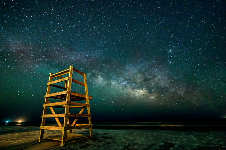landscape photo life guard chair near body of water, Milky Way, Lifeguard, landscape, photo, life guard, chair, body of water, Milky  Way, astrophotography, astronomy, beach, stand, galaxy, astro, Low  Country, Hilton  Head  Island, Coligny, MW, spring, long exposure, galactic  core, canon  6d, night, morning, ocean  sea, dark sky, darkness, star - Space, constellation, space, science, sky, nebula, nature, HD wallpaper