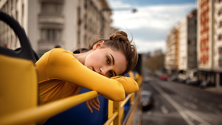 Ksenia Kokoreva, women, portrait, women outdoors, Yuriy Lyamin, yellow clothing, HD wallpaper