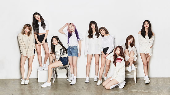 K-pop, Twice, korean women, Asian, white shoes, shorts, group of women, women, brunette, long hair, legs, white wall, HD wallpaper HD wallpaper