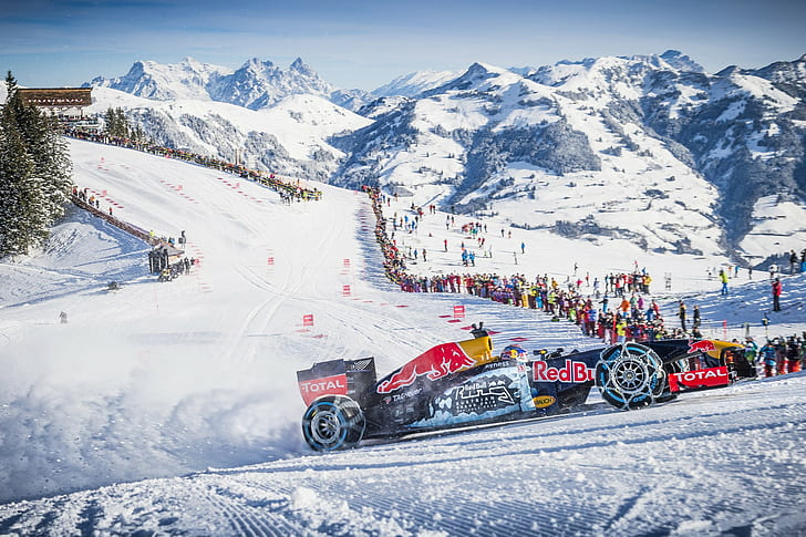 Formula 1, Kitzbühel, Max Verstappen, mountain, Racing, Red Bull, Red Bull Racing, snow, winter, HD wallpaper